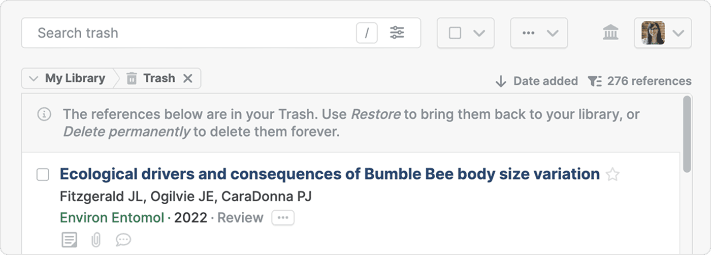 The Trash view holding 276 references, with a note explaining that Restore brings them back and “Delete permanently” removes them for good, above the first trashed reference.